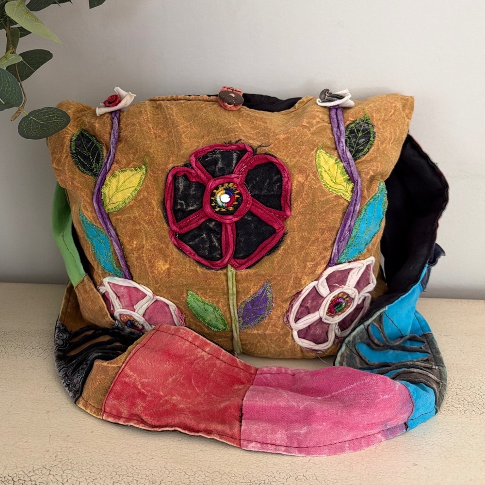 Boho Patchwork Floral Embroidered Cotton Hobo Bag Nepal Crossbody Hippie Slouchy